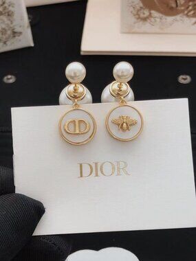 Dior Gold-Tone Tribales Faux Pearl Asymmetric CD & Bee Mother-of-Pearl Drop Earr